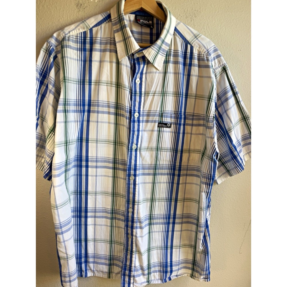 Southpole Mens Large Plaid Cotton Button Up Shirt Short Sleeve Pockets